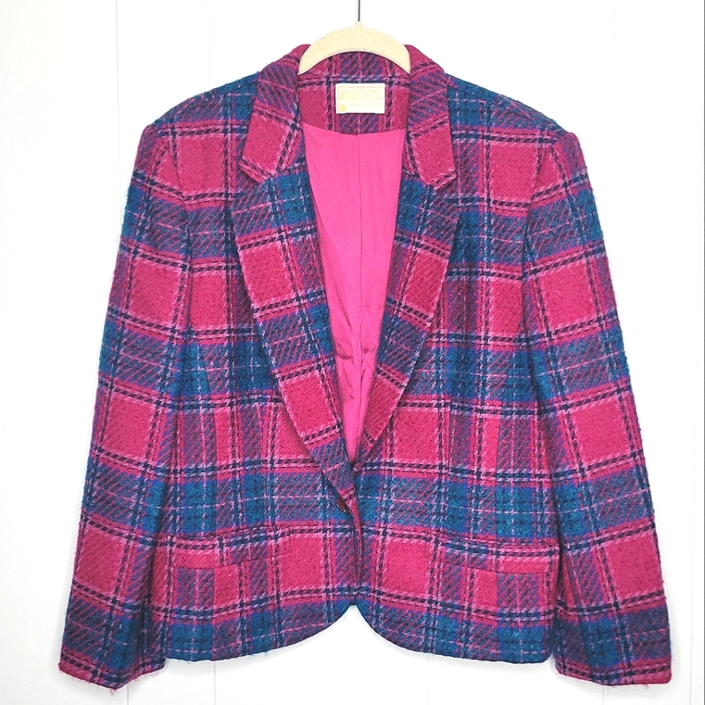 Vintage Pendleton 100% Pure Virgin Wool Pink & Teal Peacoat Blazer Jacket LG